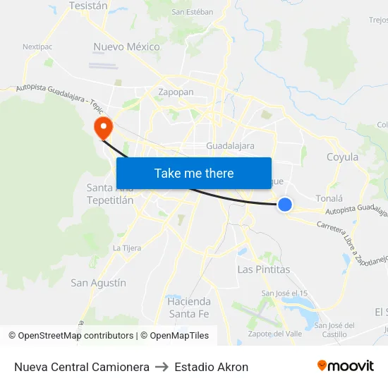 Nueva Central Camionera to Estadio Akron map