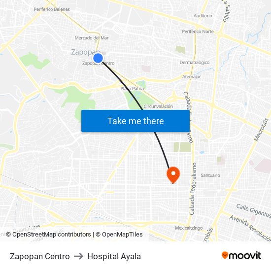 Zapopan Centro to Hospital Ayala map