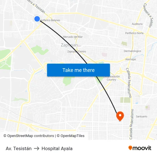 Av. Tesistán to Hospital Ayala map