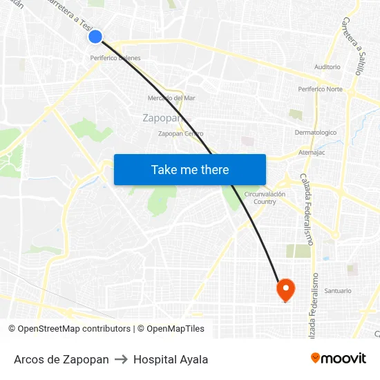 Arcos de Zapopan to Hospital Ayala map