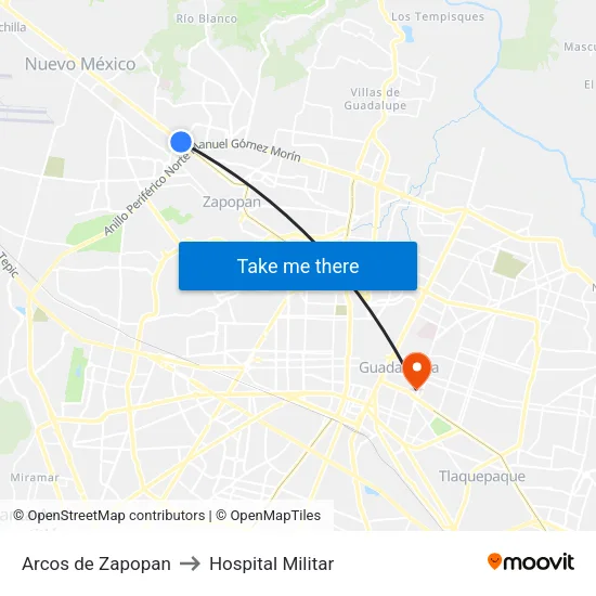 Arcos de Zapopan to Hospital Militar map