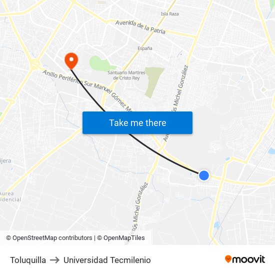 Toluquilla to Universidad Tecmilenio map