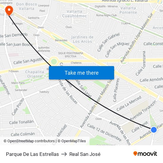 Parque de las Estrellas to Real San José map