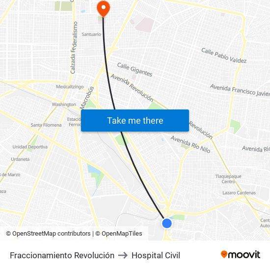 Fraccionamiento Revolución to Hospital Civil map