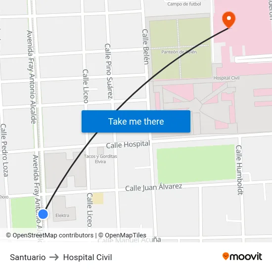 Santuario to Hospital Civil map