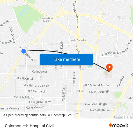 Colomos to Hospital Civil map