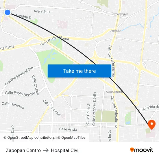 Zapopan Centro to Hospital Civil map