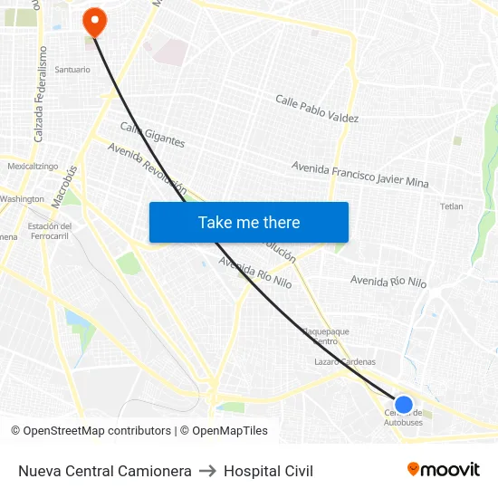 Nueva Central Camionera to Hospital Civil map