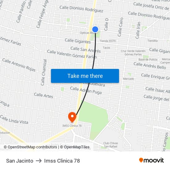 San Jacinto to Imss Clinica 78 map