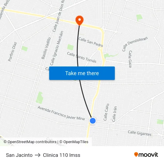 San Jacinto to Clinica 110 Imss map