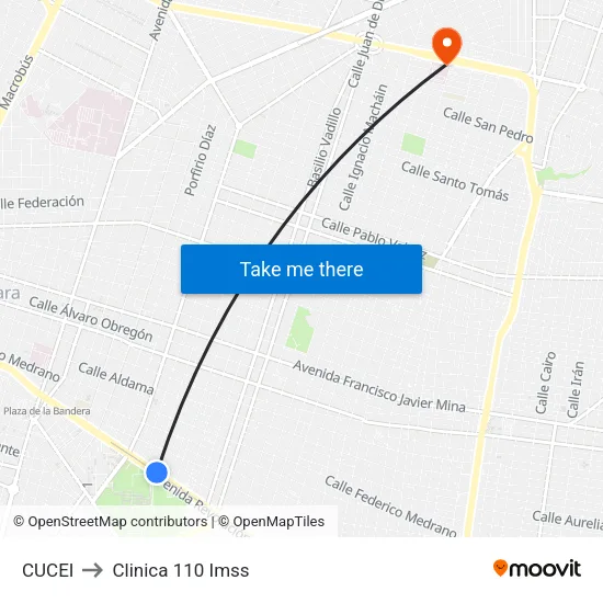 CUCEI to Clinica 110 Imss map