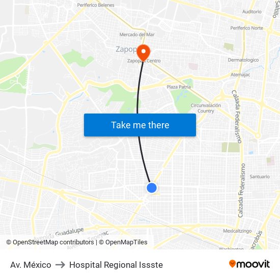 Av. México to Hospital Regional Issste map