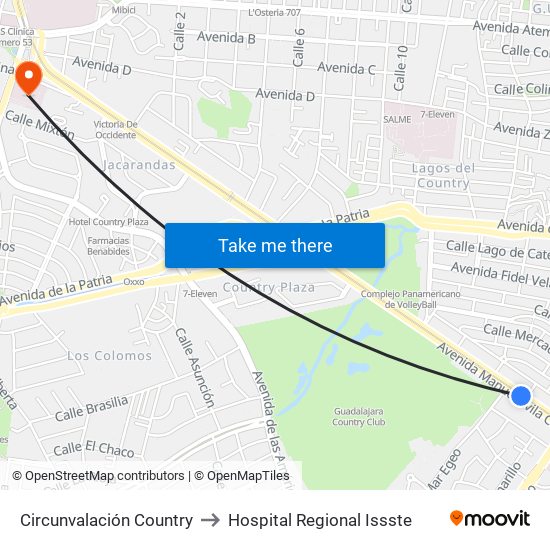 Circunvalación Country to Hospital Regional Issste map