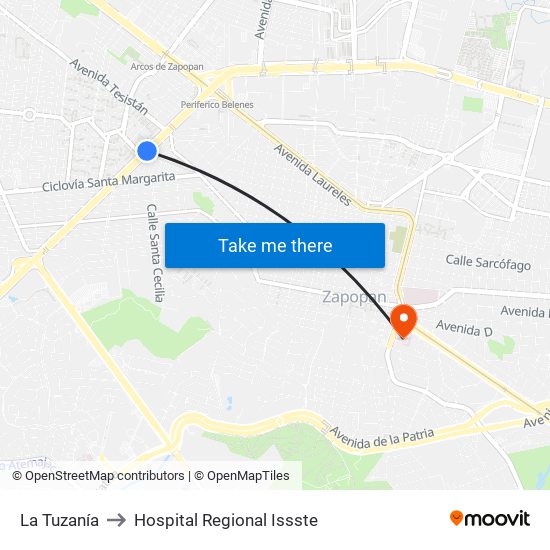 La Tuzanía to Hospital Regional Issste map