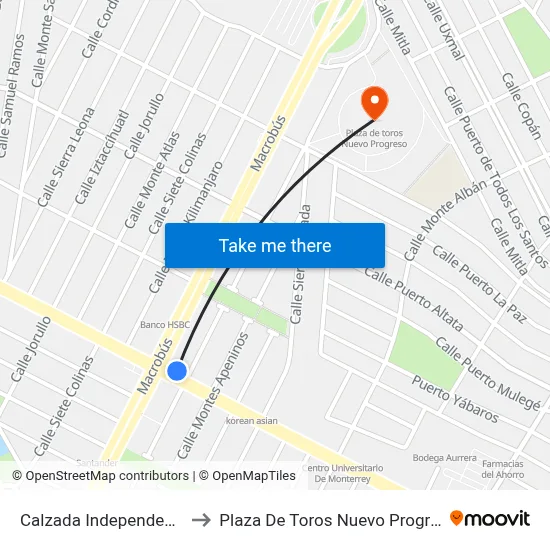 Calzada Independencia to Plaza De Toros Nuevo Progreso map