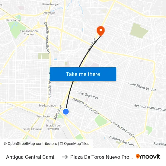 Antigua Central Camionera to Plaza De Toros Nuevo Progreso map