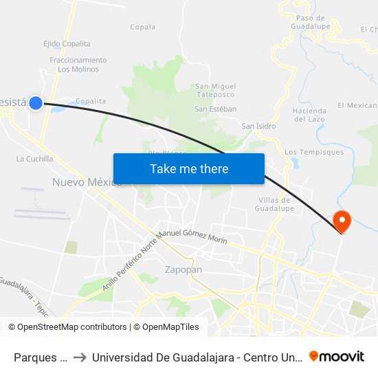 Parques De Tesistán III to Universidad De Guadalajara - Centro Universitario De Arte, Arquitectura Y Diseño - (Cuaad) map