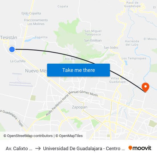 Av. Calixto Quirarte Villaseñor to Universidad De Guadalajara - Centro Universitario De Arte, Arquitectura Y Diseño - (Cuaad) map