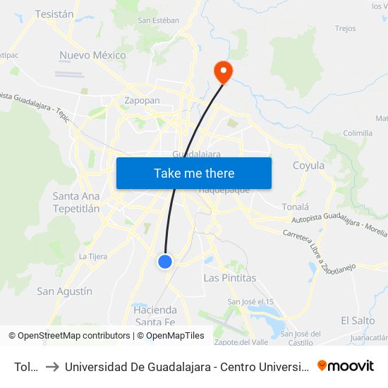 Toluquilla to Universidad De Guadalajara - Centro Universitario De Arte, Arquitectura Y Diseño - (Cuaad) map