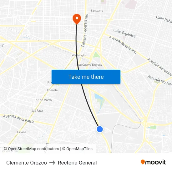 Clemente Orozco to Rectoría General map