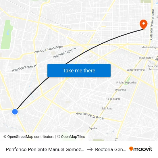 Periférico Poniente Manuel Gómez Morin to Rectoría General map