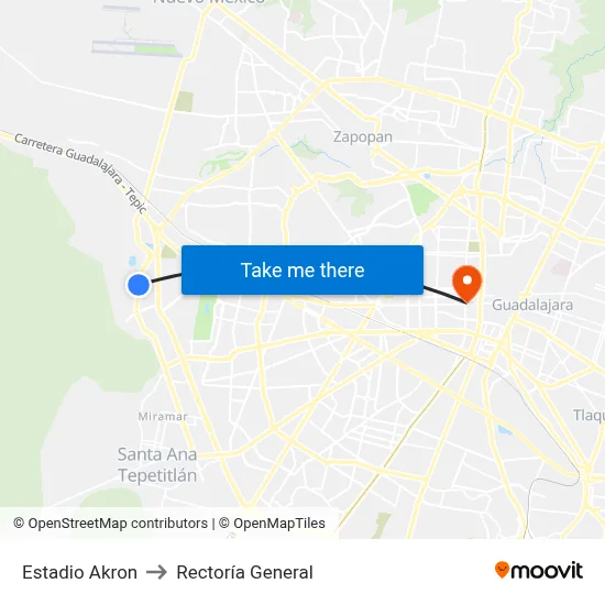 Estadio Akron to Rectoría General map