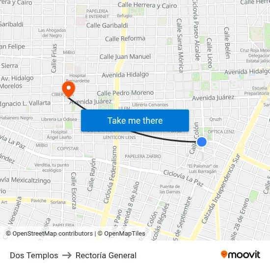 Dos Templos to Rectoría General map