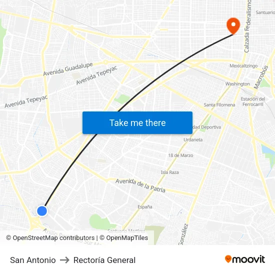 San Antonio to Rectoría General map