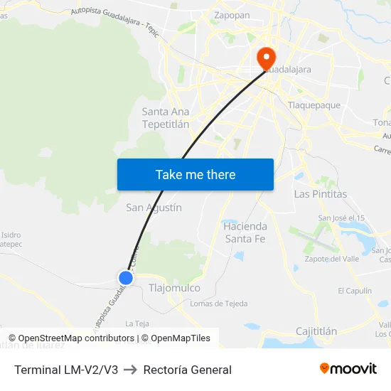 Terminal LM-V2/V3 to Rectoría General map