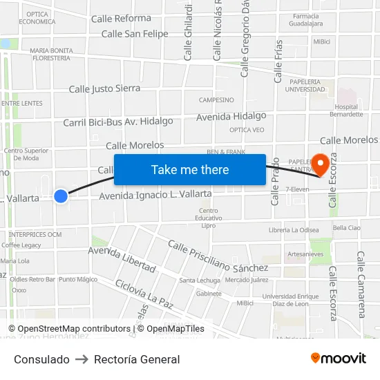 Consulado to Rectoría General map