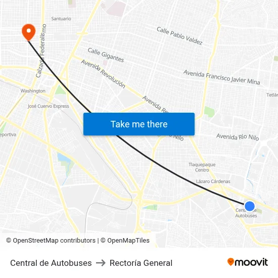 Central de Autobuses to Rectoría General map
