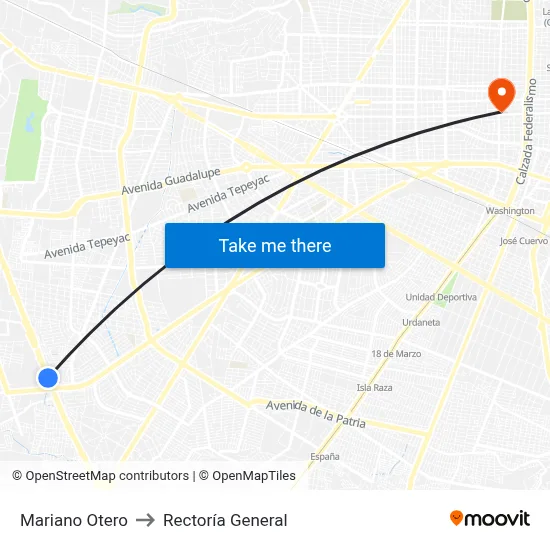 Mariano Otero to Rectoría General map