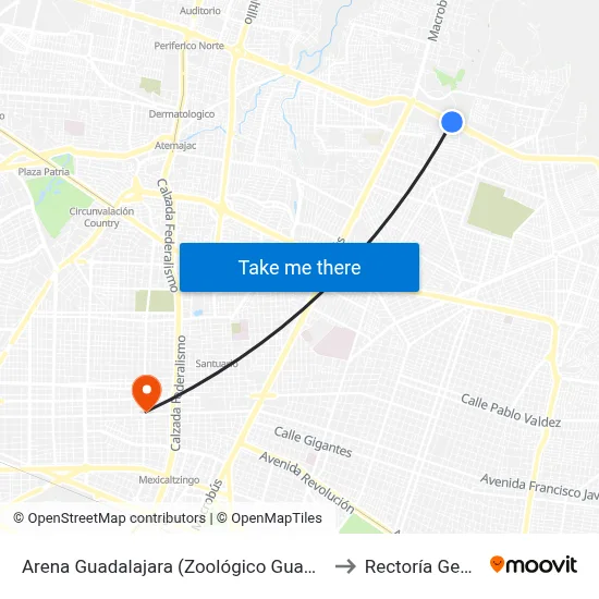 Arena Guadalajara (Zoológico Guadalajara) to Rectoría General map