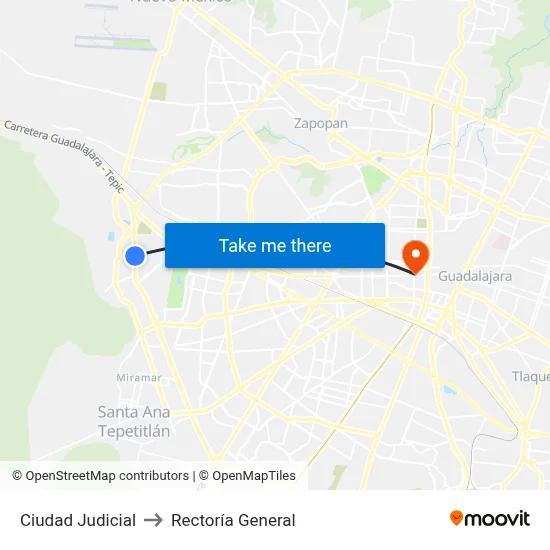 Ciudad Judicial to Rectoría General map