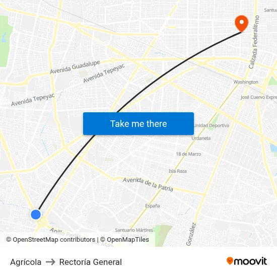 Agrícola to Rectoría General map