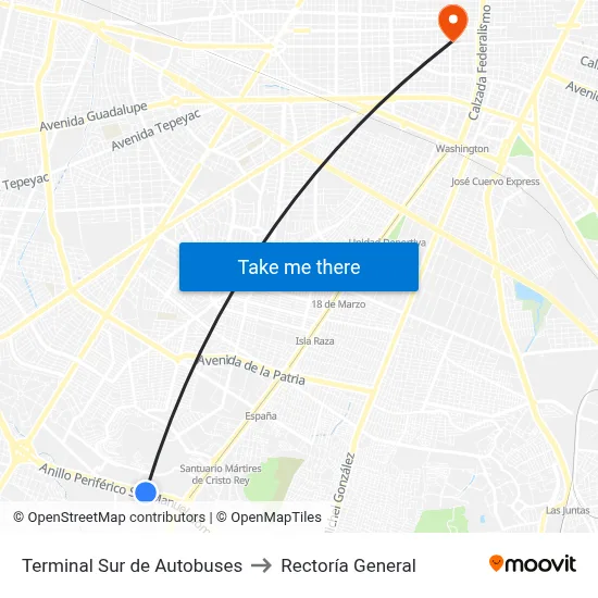 Terminal Sur de Autobuses to Rectoría General map
