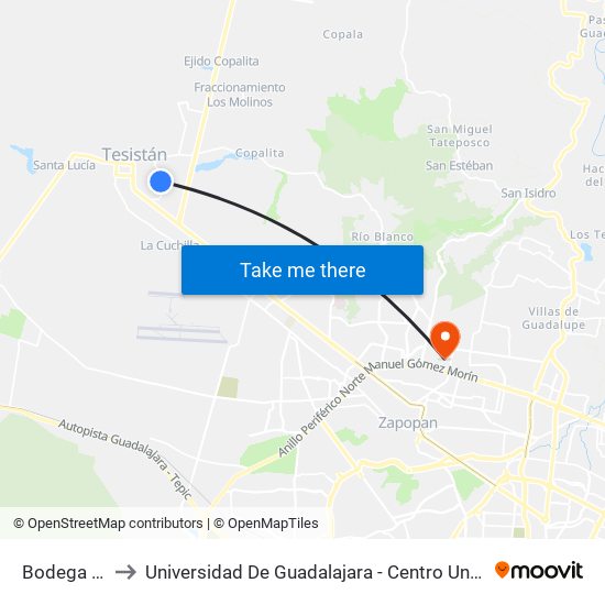 Bodega Aurrera Parques to Universidad De Guadalajara - Centro Universitario De Ciencias Económico Administrativas - (Cucea) map