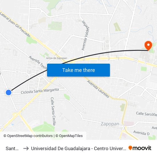 Santa Margarita to Universidad De Guadalajara - Centro Universitario De Ciencias Económico Administrativas - (Cucea) map