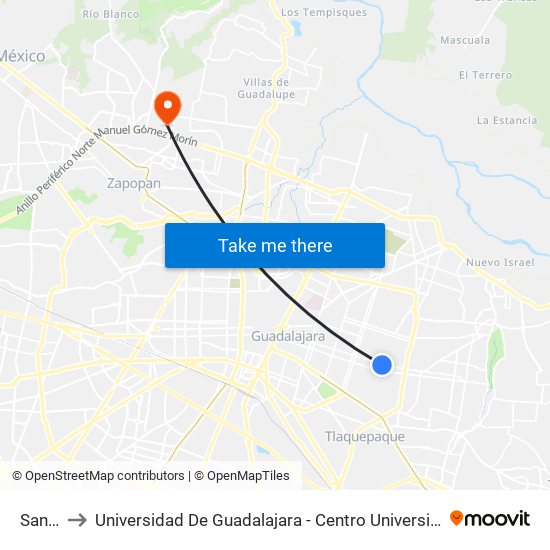 San Andrés to Universidad De Guadalajara - Centro Universitario De Ciencias Económico Administrativas - (Cucea) map