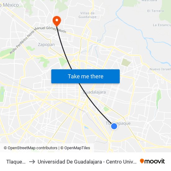 Tlaquepaque Centro to Universidad De Guadalajara - Centro Universitario De Ciencias Económico Administrativas - (Cucea) map