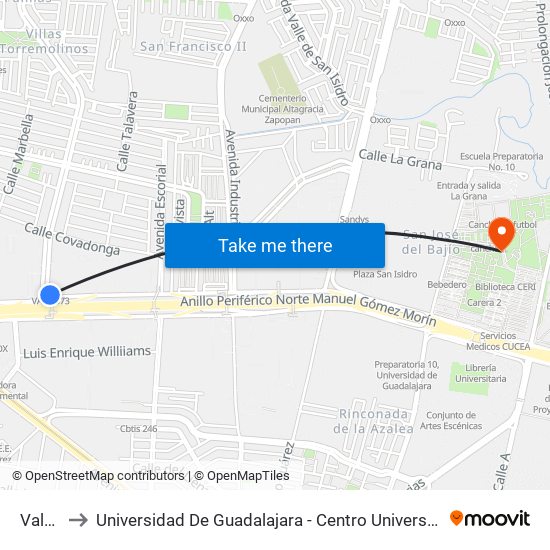 Valdepeñas to Universidad De Guadalajara - Centro Universitario De Ciencias Económico Administrativas - (Cucea) map