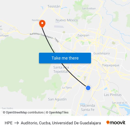 HPE to Auditorio, Cucba, Universidad De Guadalajara map