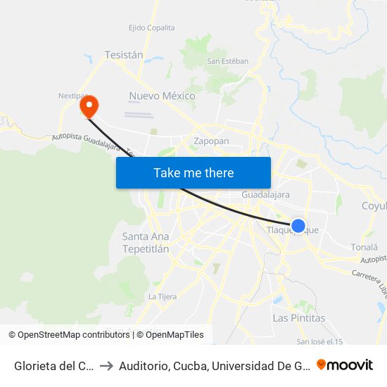 Glorieta del Charro to Auditorio, Cucba, Universidad De Guadalajara map