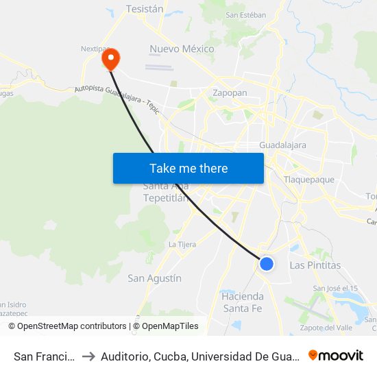 San Francisco to Auditorio, Cucba, Universidad De Guadalajara map