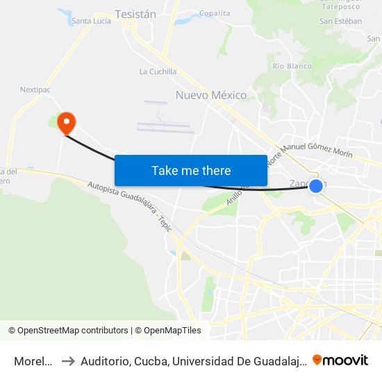 Morelos to Auditorio, Cucba, Universidad De Guadalajara map