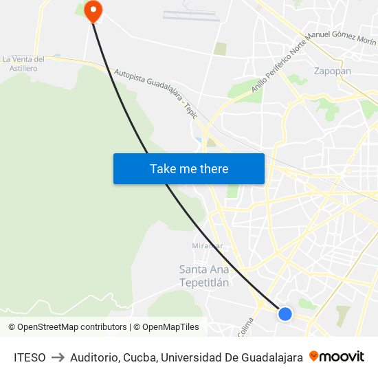 ITESO to Auditorio, Cucba, Universidad De Guadalajara map