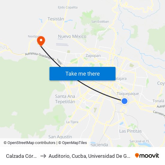 Calzada Córdoba to Auditorio, Cucba, Universidad De Guadalajara map