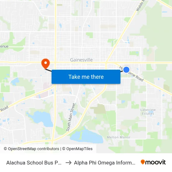 Alachua School Bus Parking Lot to Alpha Phi Omega Information Booth map