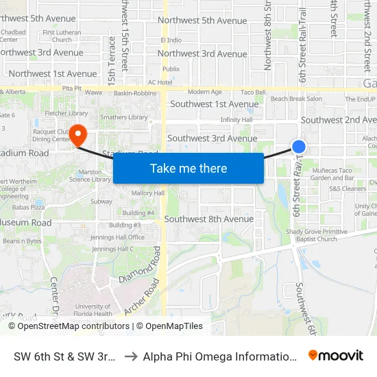 SW 6th St & SW 3rd Ave to Alpha Phi Omega Information Booth map