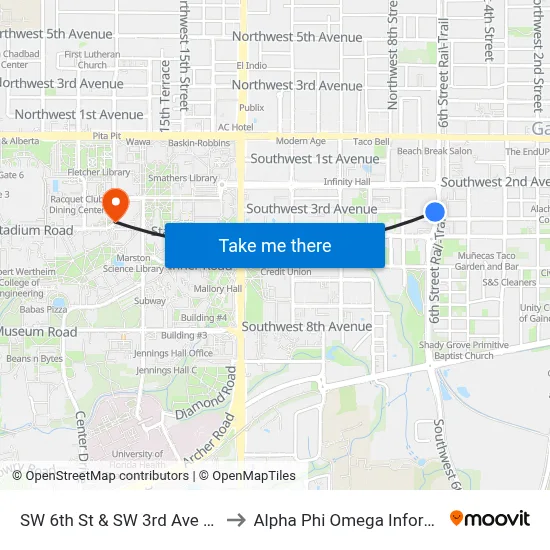 SW 6th St & SW 3rd Ave (Southbound) to Alpha Phi Omega Information Booth map